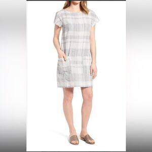 Eileen Fisher Linen Blend Boat Neck Checkered Shift Dress small petite workwear‎